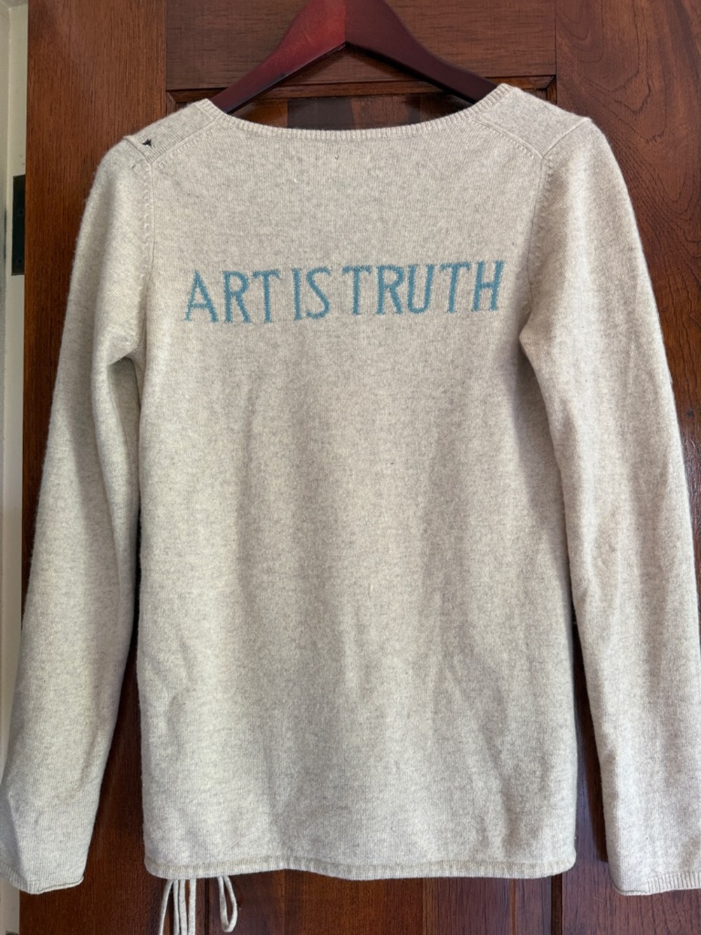 Zadig & Voltaire cream Cashmere Crewneck Sweater w/ Blue 'ART IS TRUTH' Text